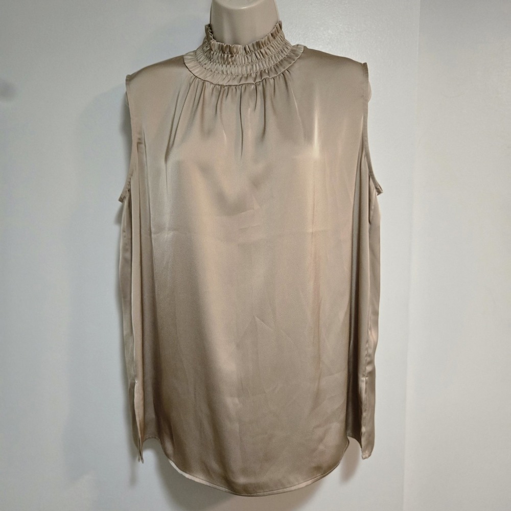 Ming Wang Size M Beige Satin Sleveless Blouse w/ Shirred Collar